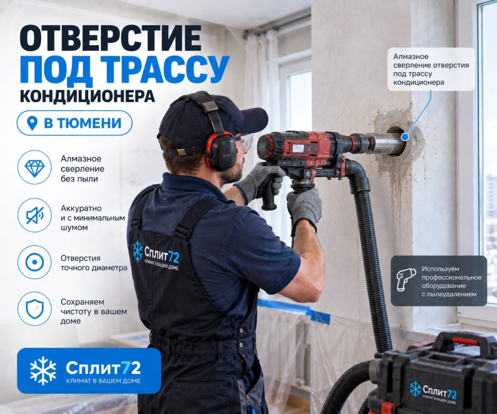 Алмазное сверление отверстия под трассу кондиционера с пылеудалением