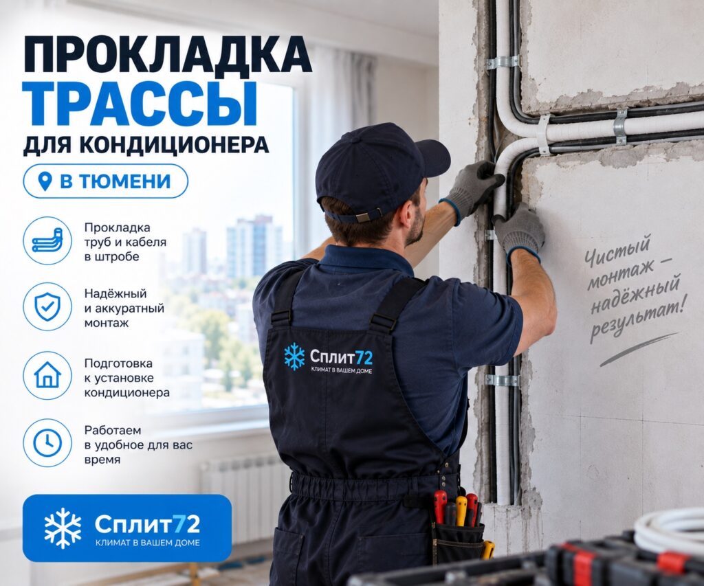 Прокладка трассы для кондиционера в штробе — монтажник Сплит72 в Тюмени