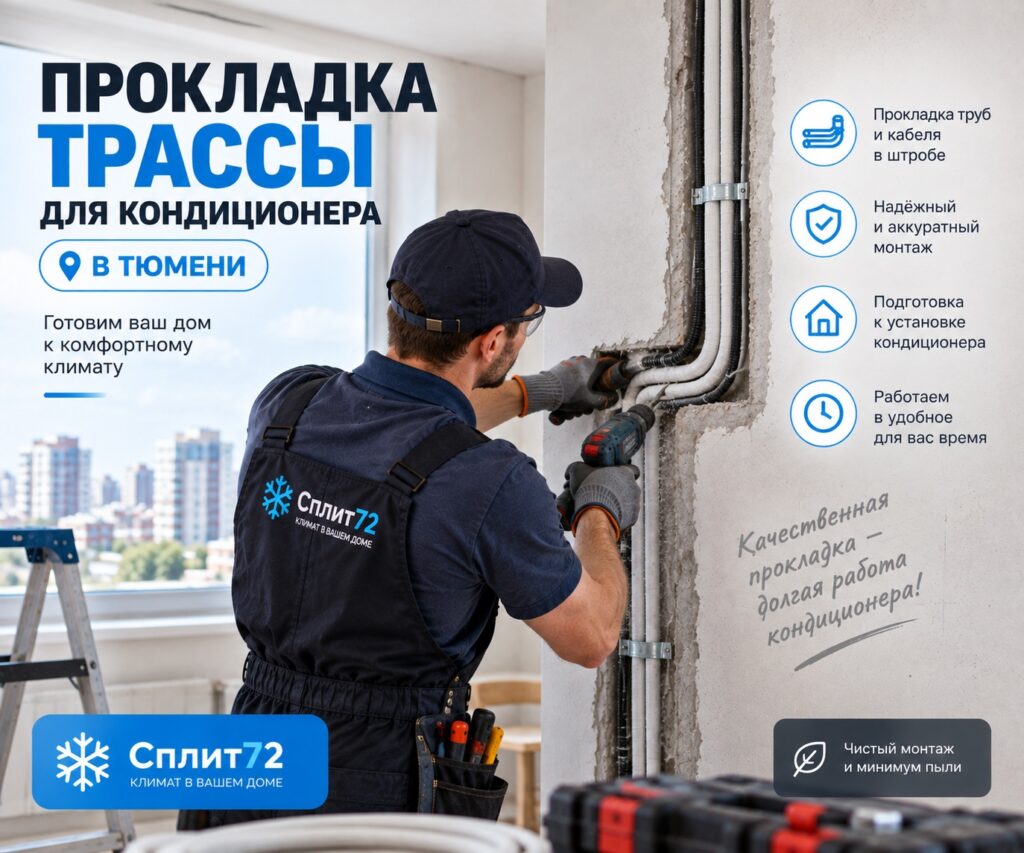 Скрытая трасса кондиционера: медные трубы и кабель в штробе на черновом ремонте